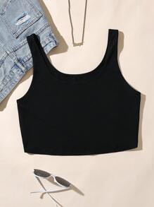 Flirla Plus Solid Crop Tank Top - Black - View 1