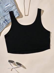 Flirla Plus Solid Crop Tank Top - Black - View 2