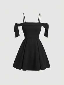 SHEIN MOD Đầm Lộ Lưng Thắt nút Dây kéo Uốn nếp màu trơn Thanh lịch - màu đen - Xem 1