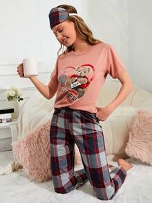 RueChic 熊和格紋印花睡衣套裝 - 珊瑚粉 - 查看 5
