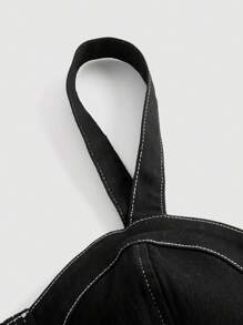 SHEIN ICON 大碼頂針不對稱下擺牛仔寬背帶上衣 - 黑色 - 查看 4