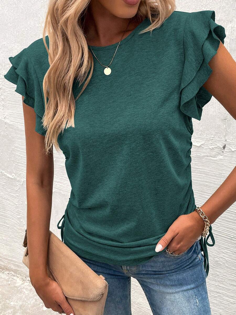 SHEIN LUNE Áo thun nữ Xù Dây kéo màu trơn Giải trí - Màu xanh lá cây đậm - Xem 1