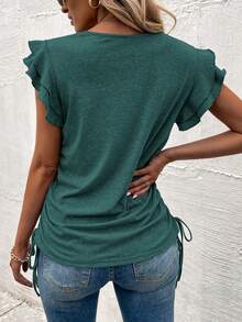 SHEIN LUNE Áo thun nữ Xù Dây kéo màu trơn Giải trí - Màu xanh lá cây đậm - Xem 2
