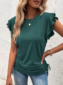 SHEIN LUNE Áo thun nữ Xù Dây kéo màu trơn Giải trí - Màu xanh lá cây đậm - Xem 3
