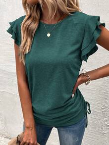 SHEIN LUNE Áo thun nữ Xù Dây kéo màu trơn Giải trí - Màu xanh lá cây đậm - Xem 5