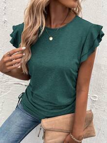 SHEIN LUNE Áo thun nữ Xù Dây kéo màu trơn Giải trí - Màu xanh lá cây đậm - Xem 6