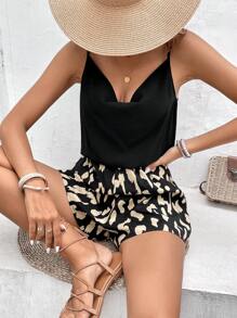 SHEIN Frenchy Graphic Print Draped Collar Cami Romper - Multicolor - View 3