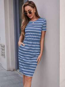 SHEIN LUNE 條紋印花斜口袋緊身洋裝 - 藍色 - 查看 1