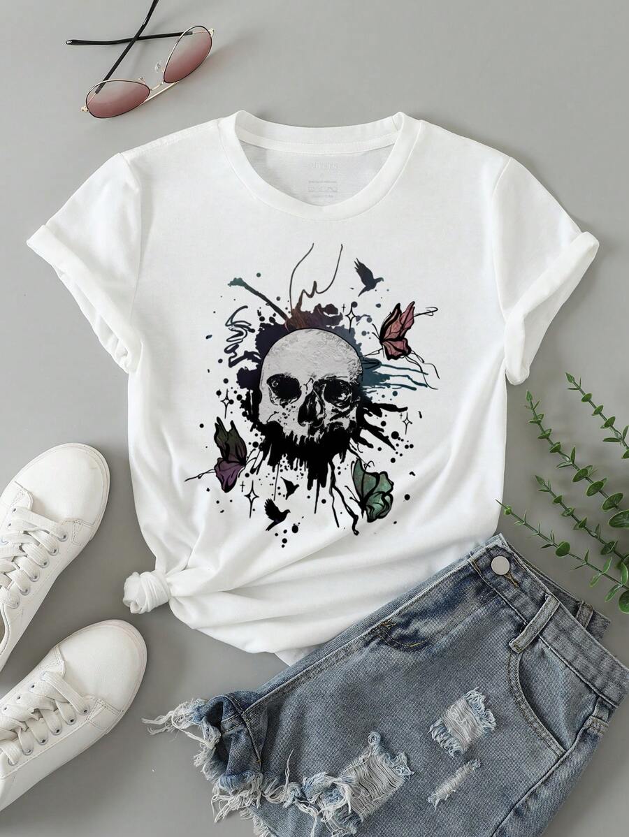 SHEIN LUNE 骷髏和蝴蝶圖案T恤 - 白色 - 查看 1