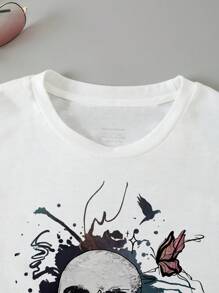 SHEIN LUNE 骷髏和蝴蝶圖案T恤 - 白色 - 查看 5