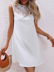 SHEIN VCAY Contrast Lace Tunic Dress - White - View 3