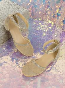 Girls Plaid Pattern Hook-and-loop Fastener Glitter Party Ankle Strap Flats For Wedding - Gold - View 1