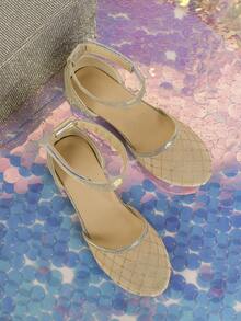 Girls Plaid Pattern Hook-and-loop Fastener Glitter Party Ankle Strap Flats For Wedding - Gold - View 2