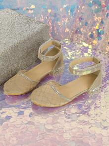 Girls Plaid Pattern Hook-and-loop Fastener Glitter Party Ankle Strap Flats For Wedding - Gold - View 3