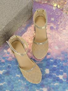 Girls Plaid Pattern Hook-and-loop Fastener Glitter Party Ankle Strap Flats For Wedding - Gold - View 4