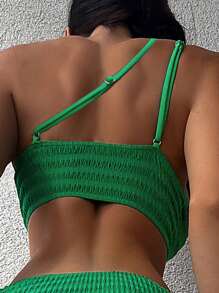 Áo Tops Bikini Nữ Bất đối xứng màu trơn - màu xanh lá - Xem 2