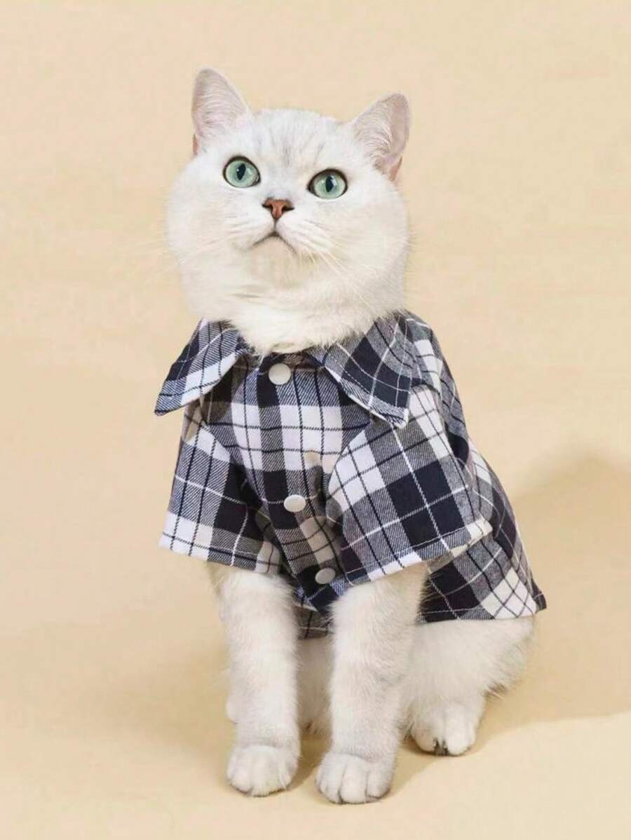 格紋印花寵物襯衫 - 藍色 - 查看 1