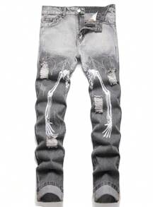 男士骷髅手工刺绣破洞牛仔裤，万圣节适用 - 灰色 - 查看 1