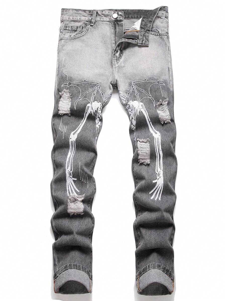 男士骷髅手工刺绣破洞牛仔裤，万圣节适用 - 灰色 - 查看 1