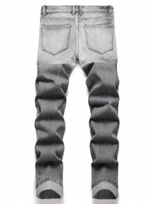 男士骷髅手工刺绣破洞牛仔裤，万圣节适用 - 灰色 - 查看 2