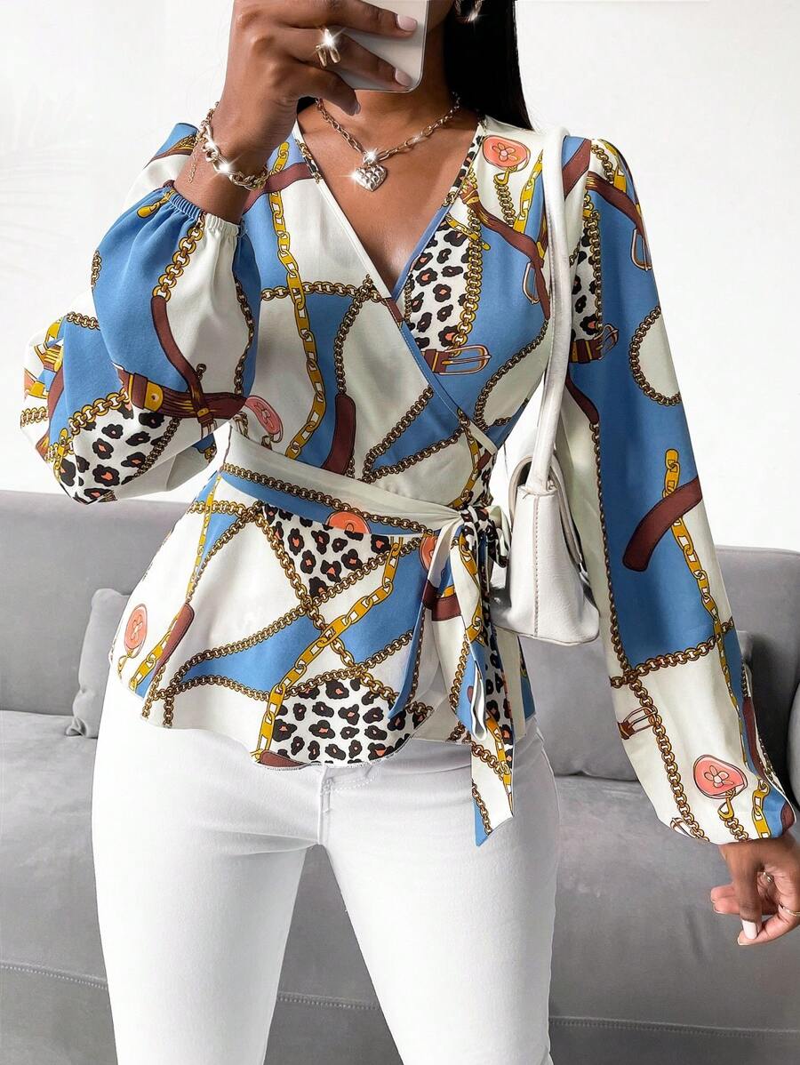 SHEIN Privé Áo peplum tay đèn lồng họa tiết da báo và xích - Nhiều màu - Xem 1
