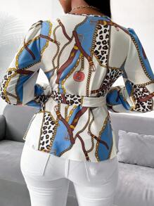 SHEIN Privé Áo peplum tay đèn lồng họa tiết da báo và xích - Nhiều màu - Xem 2