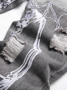 男士骷髅手工刺绣破洞牛仔裤，万圣节适用 - 灰色 - 查看 3