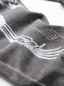 男士骷髅手工刺绣破洞牛仔裤，万圣节适用 - 灰色 - 查看 5