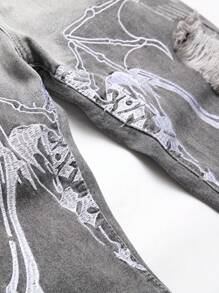 男士骷髅手工刺绣破洞牛仔裤，万圣节适用 - 灰色 - 查看 7