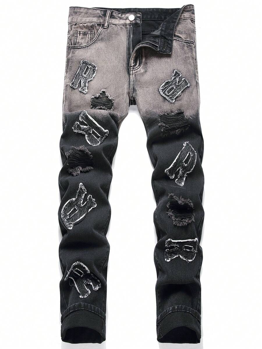 Jeans rasgados con parche con letras para hombre
