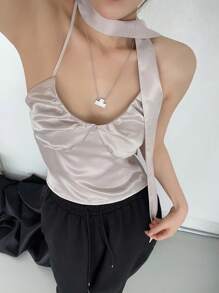 DAZY Solid Ruched Bust Halter Top With Tie Tank Tops