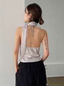 DAZY Solid Ruched Bust Halter Top With Tie Tank Tops