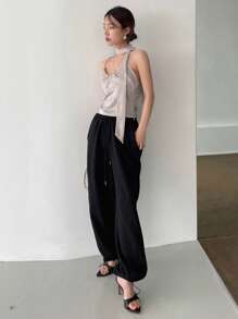 DAZY Solid Ruched Bust Halter Top With Tie Tank Tops