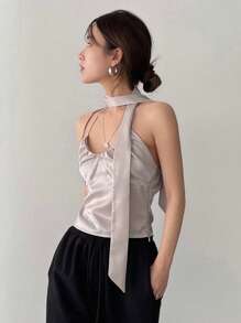 DAZY Solid Ruched Bust Halter Top With Tie Tank Tops