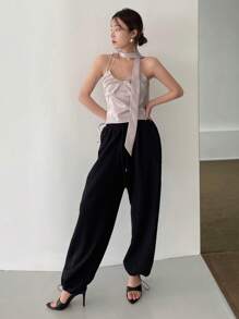 DAZY Solid Ruched Bust Halter Top With Tie Tank Tops