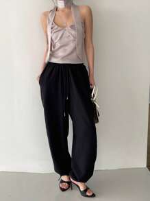 DAZY Solid Ruched Bust Halter Top With Tie Tank Tops