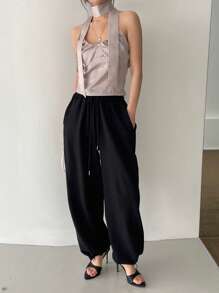 DAZY Solid Ruched Bust Halter Top With Tie Tank Tops