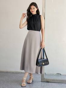 DAZY Chân váy chữ A bằng vải satin cạp cao màu trơn - Xám - Xem 6