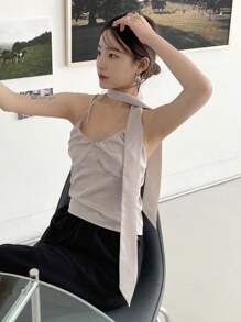 DAZY Solid Ruched Bust Halter Top With Tie Tank Tops