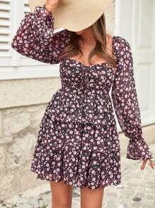 EURMUSE Vestido con estampado floral con cordón delantero de manga con volante bajo con fruncido