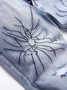 男士棉圖案印花破洞牛仔褲