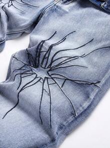 男士棉圖案印花破洞牛仔褲