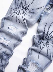 男士棉圖案印花破洞牛仔褲