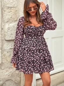 EURMUSE Vestido con estampado floral con cordón delantero de manga con volante bajo con fruncido