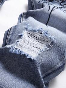 男士棉圖案印花破洞牛仔褲