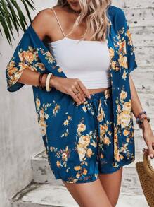 SHEIN VCAY Bộ đồ hai mảnh nữ Dây rút giả Hoa Tất cả trên in Boho - Màu xanh lam - Xem 1