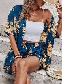 SHEIN VCAY Bộ đồ hai mảnh nữ Dây rút giả Hoa Tất cả trên in Boho - Màu xanh lam - Xem 3