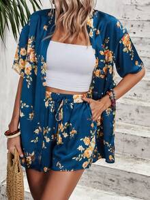 SHEIN VCAY Bộ đồ hai mảnh nữ Dây rút giả Hoa Tất cả trên in Boho - Màu xanh lam - Xem 4