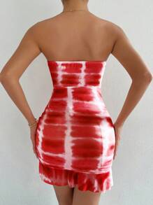 SHEIN Privé 紮染側抽繩荷葉邊抹胸緊身洋裝 - 紅色 - 查看 2