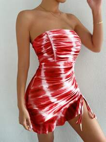 SHEIN Privé 紮染側抽繩荷葉邊抹胸緊身洋裝 - 紅色 - 查看 3